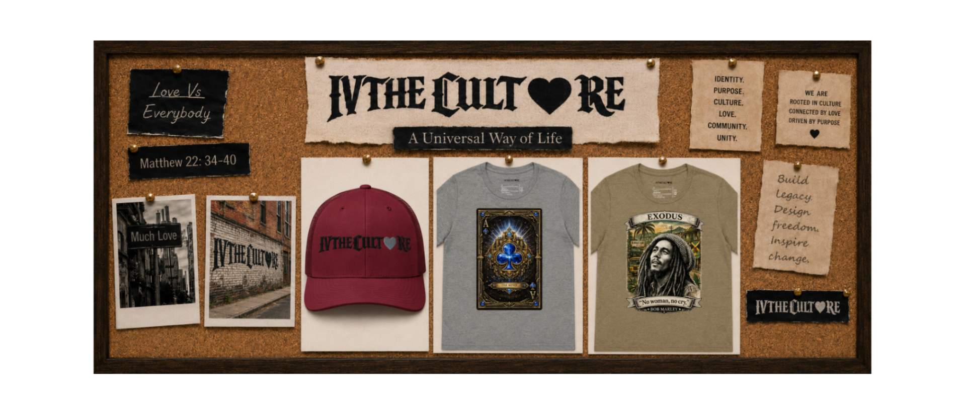 Collection of 'IVTHECULTURE' merchandise including a cap, t-shirts, and posters on a cork board.