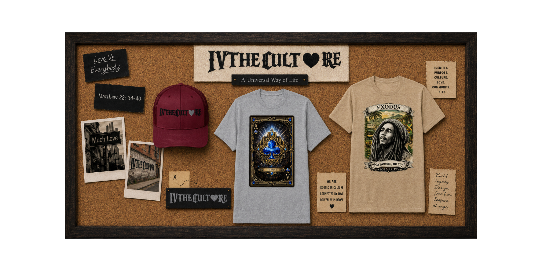 A styled flat-lay display of IV The Culture merchandise on a cork board background, including a maroon baseball cap, a light gray graphic T-shirt, a beige graphic T-shirt, several patches, a sign, and printed cards.